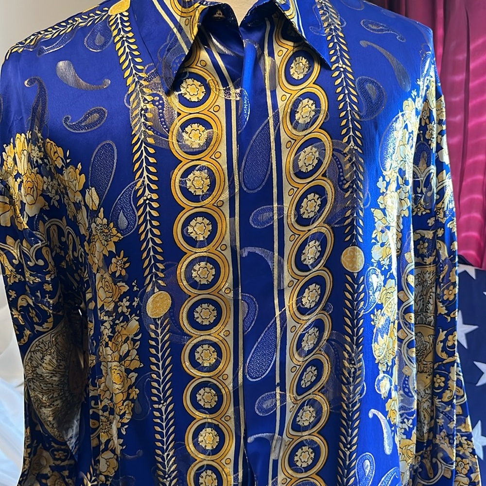 Metallic Satin Silk Men's Shirt in Blue and Gold